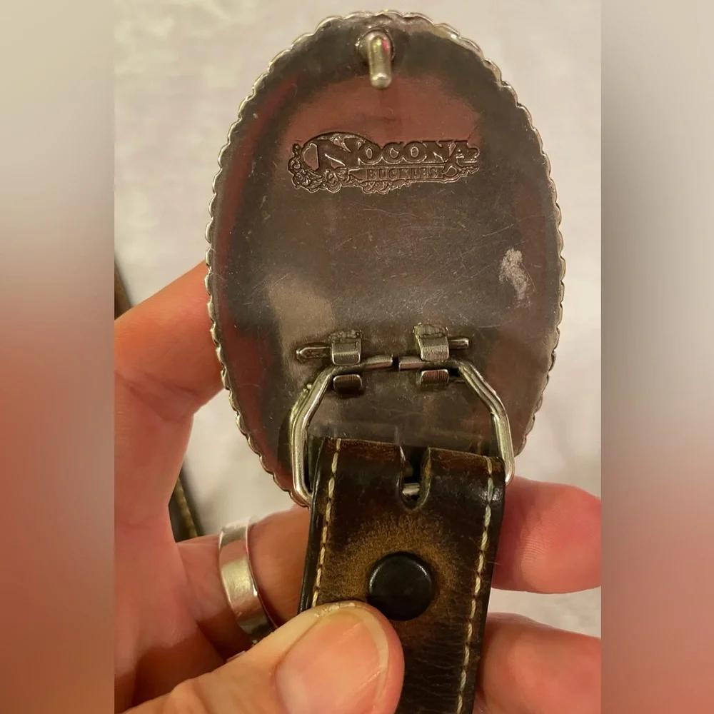 Nooona Brown leather belt, 26 inches, cowboy riding a horse